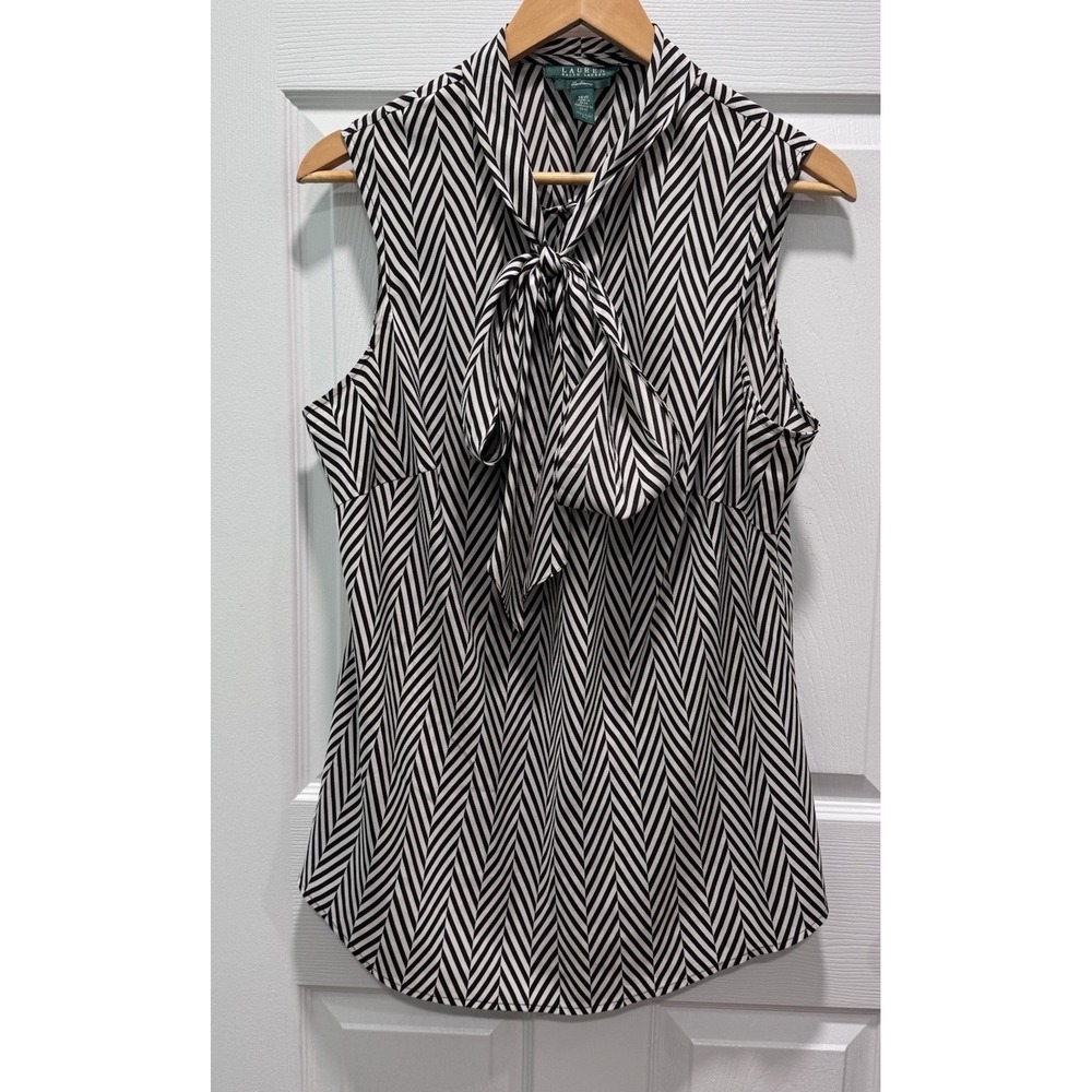 Ralph Lauren Brown Stripe 100% Silk Tie Neck Tie Neck Blouse Sleeveless 16W